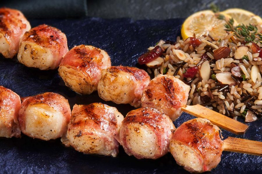 Bacon Wrapped Scallops Skewers served with Rice Pilaf