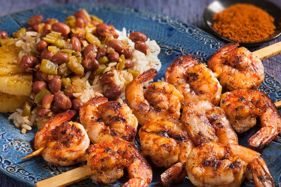 Spicy Shrimp Skewers Served with Red Beans and Rice