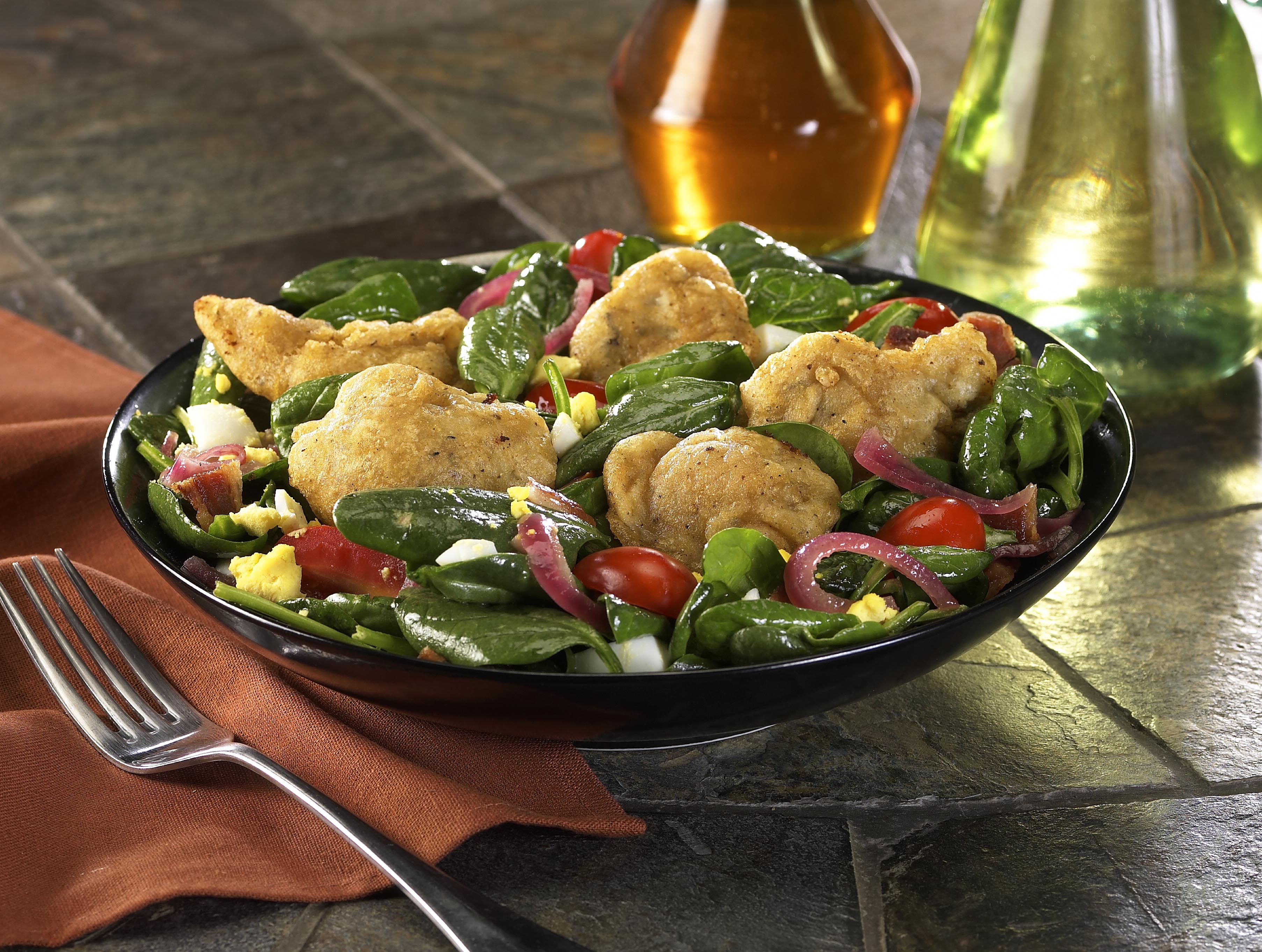 Beer-Battered Oyster Salad with Warm Bacon Dressing - Wanchese Fish Company