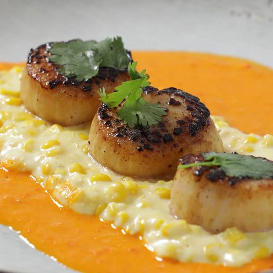 North Atlantic Sea Scallops with Creamy Corn and Red pepper Coulis